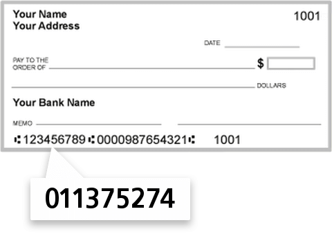 011375274 routing number on Patriot Community Bank check