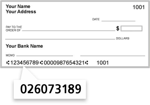 026073189 routing number on Esquire Bank NA check