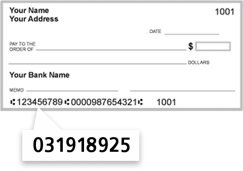 031918925 routing number on Radnor Trust CO check