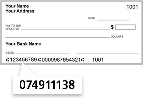 074911138 routing number on DE Motte State Bank check