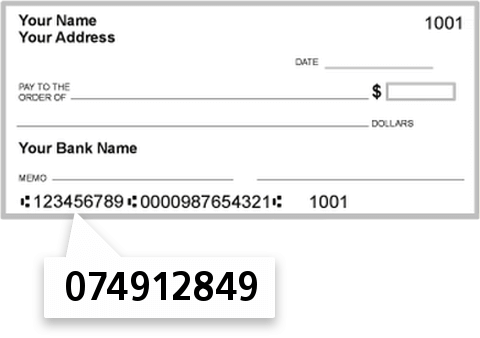 074912849 routing number on First Financial Bank check