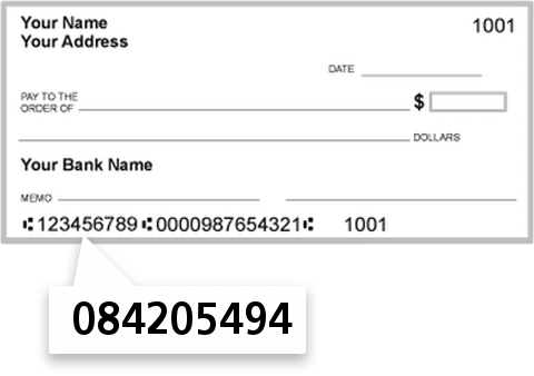 084205494 routing number on Senatobia Bank check