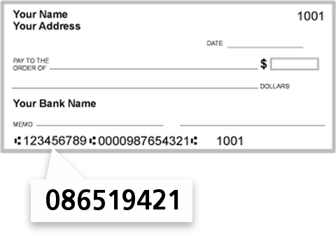 086519421 routing number on Springfield Community Bank check